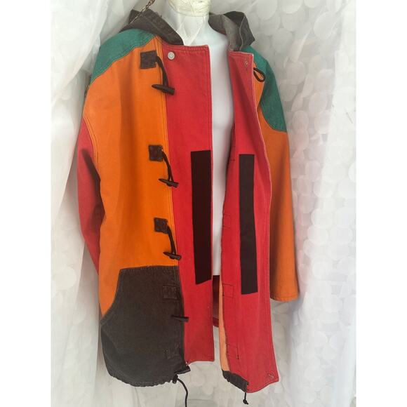VTG 90's LONG Canvas COLOR BLOCK Duffel Coat Hip Hop Hooded COLORFUL Heavy - Picture 11 of 14